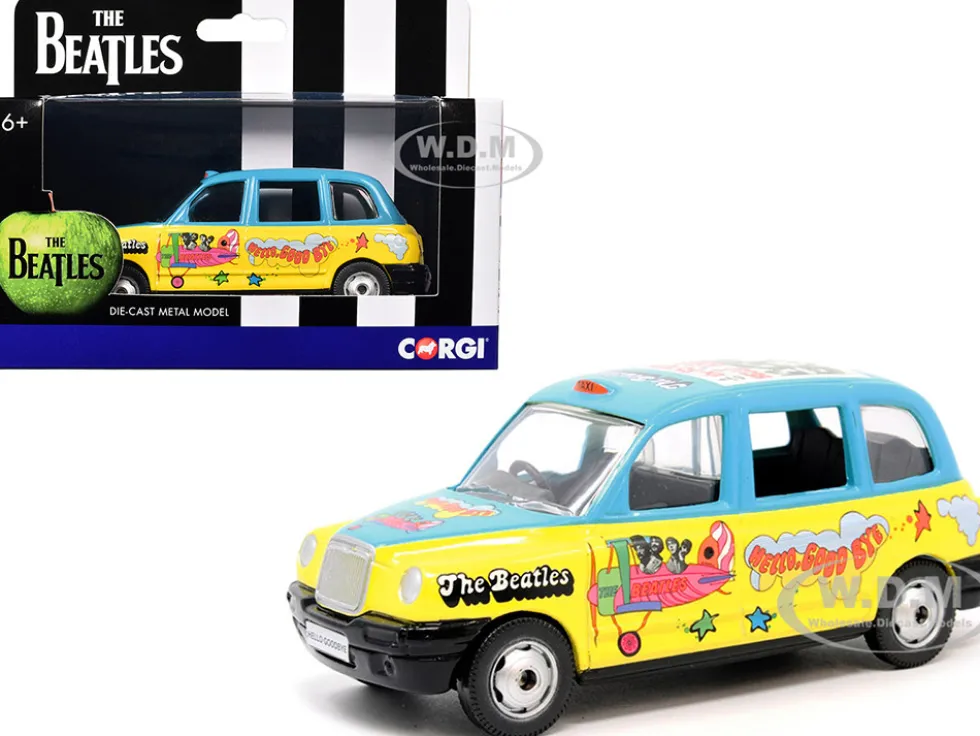 The Beatles London Taxi RHD (Right Hand Drive) "Hello, Goodbye" Blue and Yellow with Graphics Diecast Model Car by Corgi