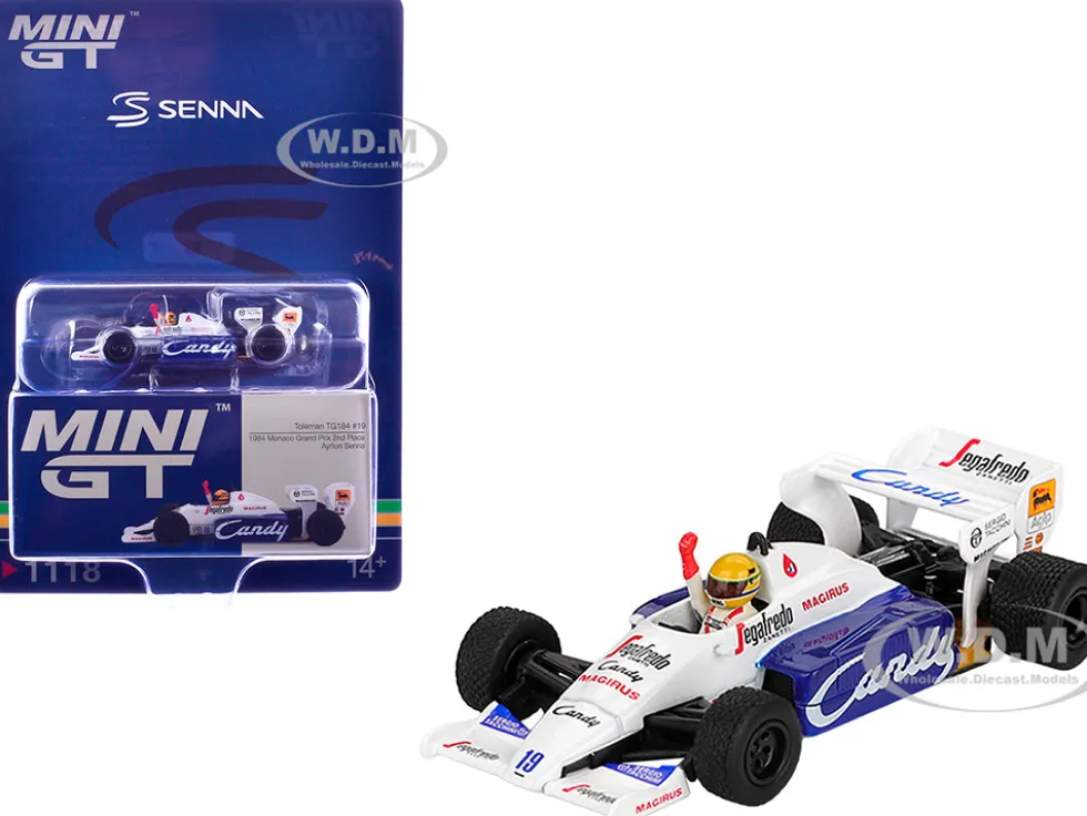 Toleman TG184 #19 Ayrton Senna 2nd Place Formula One F1 "Monaco GP" (1984) with Driver Figure Limited Edition 1/64 Diecast Model Car by Mini GT