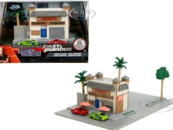 Toretto Cafe Diorama with Mitsubishi Eclipse Green and Ford F-150 SVT Lightning Red "Fast and Furious" "Nano Scene" Series Model by Jada