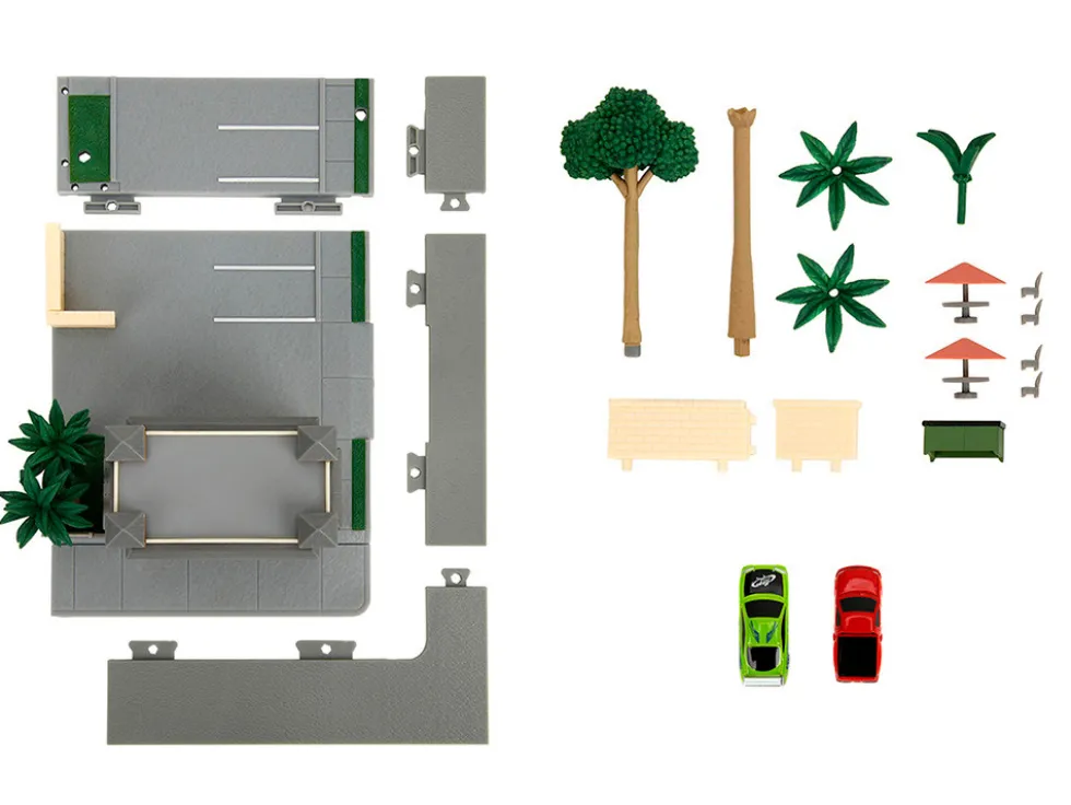 Toretto Cafe Diorama with Mitsubishi Eclipse Green and Ford F-150 SVT Lightning Red "Fast and Furious" "Nano Scene" Series Model by Jada