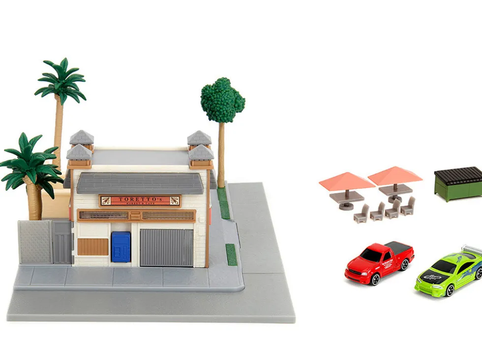 Toretto Cafe Diorama with Mitsubishi Eclipse Green and Ford F-150 SVT Lightning Red "Fast and Furious" "Nano Scene" Series Model by Jada