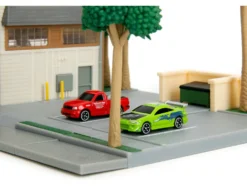 Toretto Cafe Diorama with Mitsubishi Eclipse Green and Ford F-150 SVT Lightning Red
