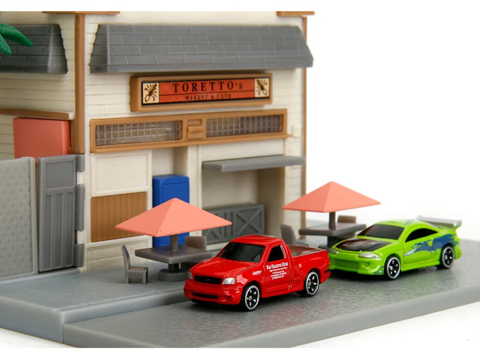 Toretto Cafe Diorama with Mitsubishi Eclipse Green and Ford F-150 SVT Lightning Red "Fast and Furious" "Nano Scene" Series Model by Jada