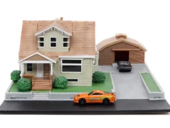 Toretto House Diorama with Dodge Charger Black and Toyota Supra Orange with Graphics Fast and Furious Nano Scene Series Models Jada 33668