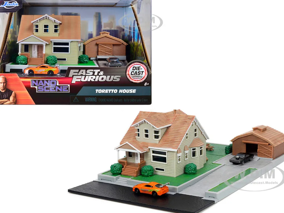 Toretto House Diorama with Dodge Charger Black and Toyota Supra Orange with Graphics Fast and Furious Nano Scene Series Models Jada 33668