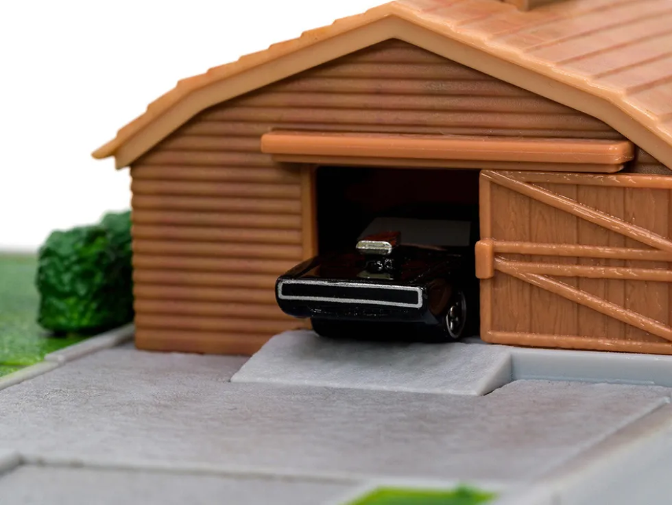Toretto House Diorama with Dodge Charger Black and Toyota Supra Orange with Graphics Fast and Furious Nano Scene Series Models Jada 33668