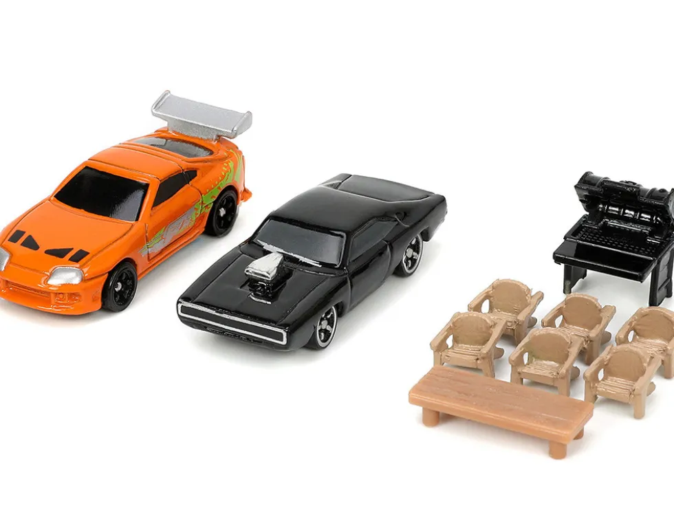Toretto House Diorama with Dodge Charger Black and Toyota Supra Orange with Graphics Fast and Furious Nano Scene Series Models Jada 33668
