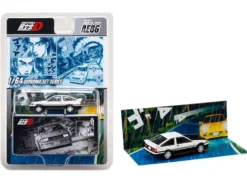 Toyota Corolla Levin (AE86) RHD (Right Hand Drive) White with Carbon Hood "Initial D" (1995-2013) Manga "Diorama Set Series" 1/64 Diecast Model Car by Hobby Japan