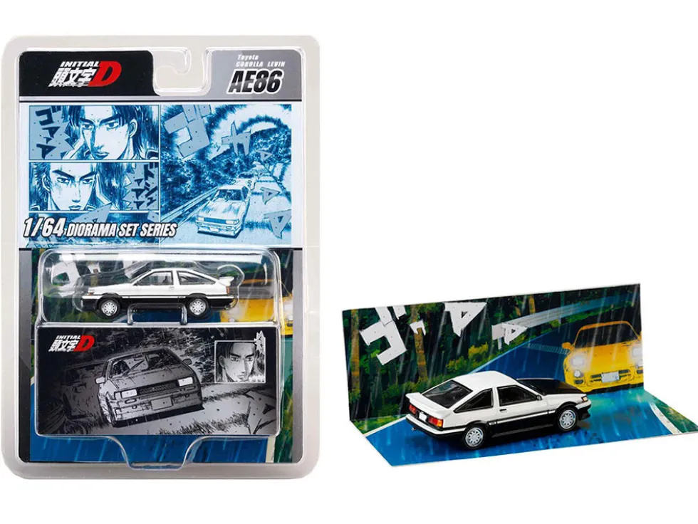 Toyota Corolla Levin (AE86) RHD (Right Hand Drive) White with Carbon Hood "Initial D" (1995-2013) Manga "Diorama Set Series" 1/64 Diecast Model Car by Hobby Japan