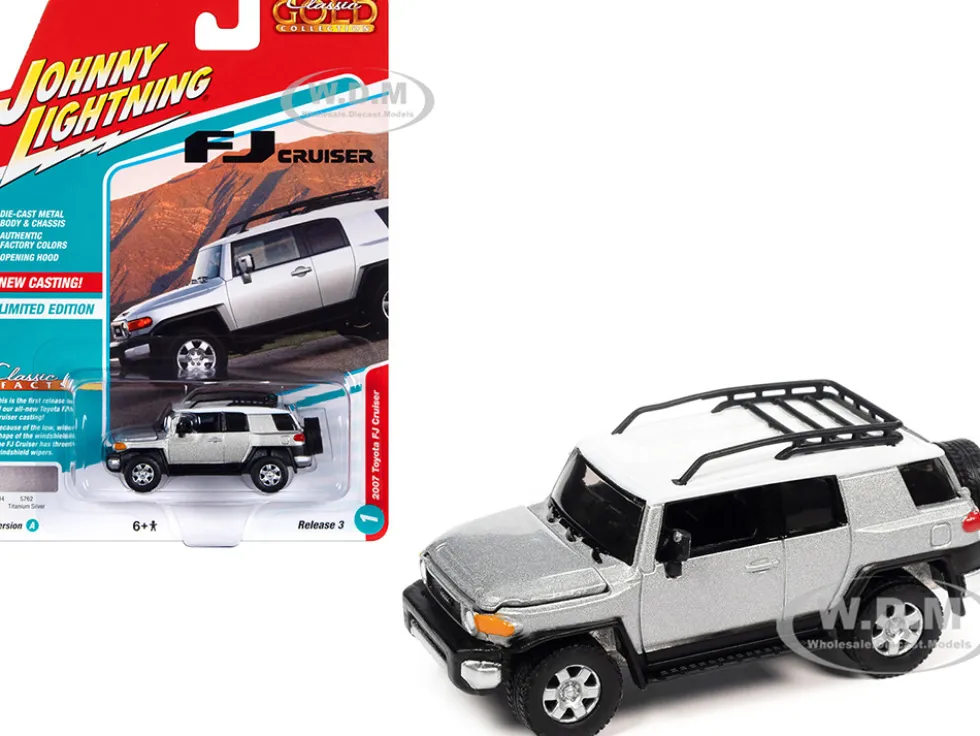 2007 Toyota FJ Cruiser Titanium Silver Metallic with White Top and Roofrack Classic Gold Collection Series Limited Edition 1/64 Diecast Model Car Johnny Lightning JLCG030-JLSP278A