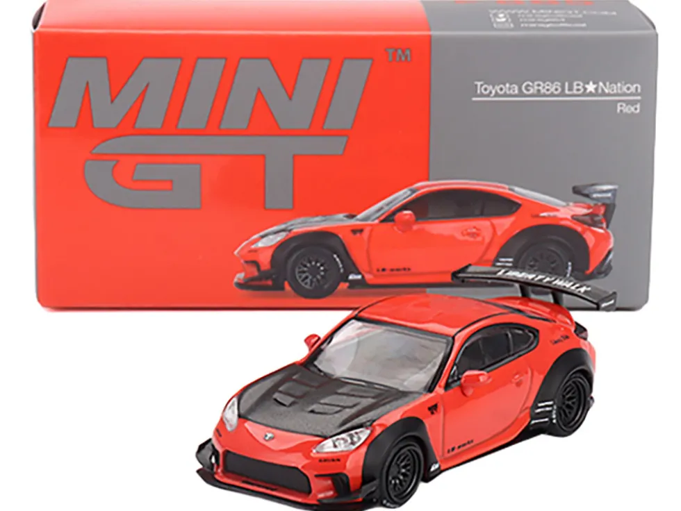 Toyota GR86 "LB-Nation - Liberty Walk" Red with Carbon Hood Limited Edition 1/64 Diecast Model Car by Mini GT