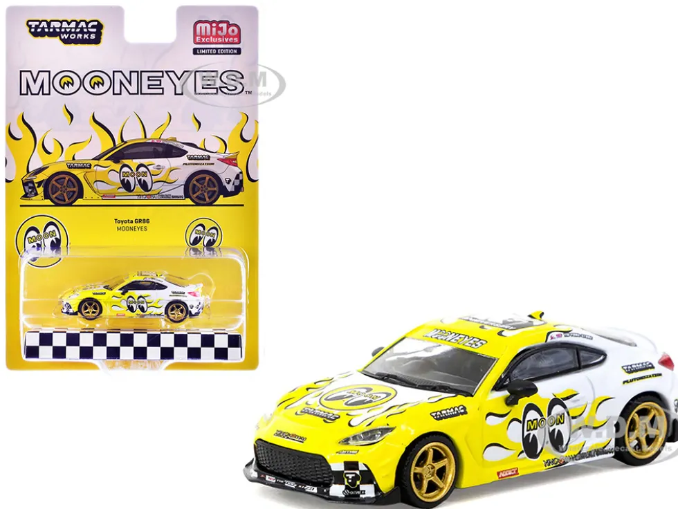 Toyota GR86 RHD (Right Hand Drive) "MoonEyes" White with Yellow Flames and Graphics "Global64" Series 1/64 Diecast Model by Tarmac Works