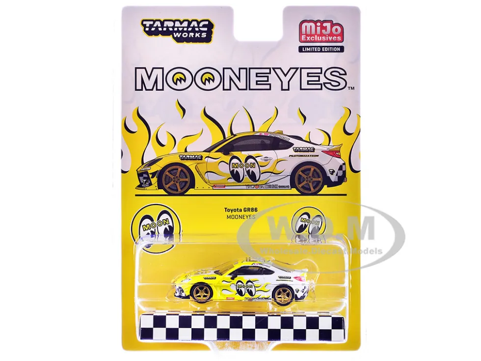 Toyota GR86 RHD (Right Hand Drive) "MoonEyes" White with Yellow Flames and Graphics "Global64" Series 1/64 Diecast Model by Tarmac Works