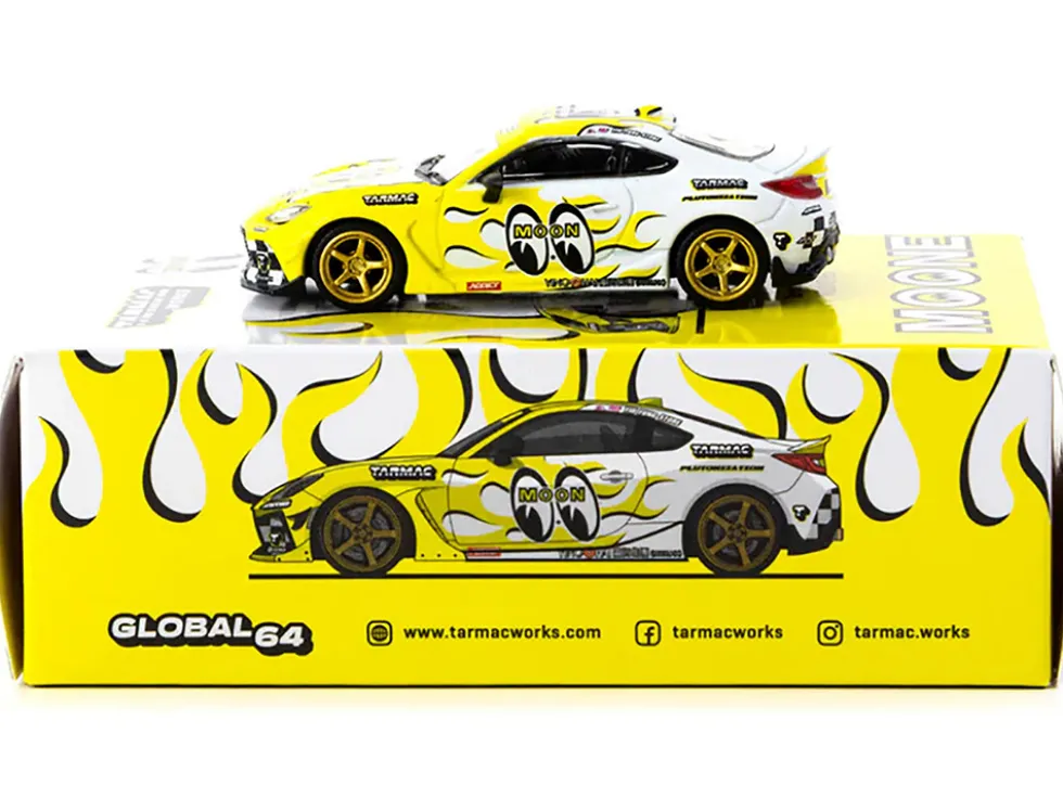 Toyota GR86 RHD (Right Hand Drive) "MoonEyes" White with Yellow Flames and Graphics "Global64" Series 1/64 Diecast Model by Tarmac Works
