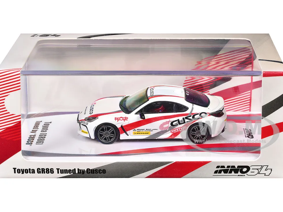Toyota GR86 Tuned by "CUSCO" RHD (Right Hand Drive) White with Red and Gray Stripes 1/64 Diecast Model Car by Inno Models