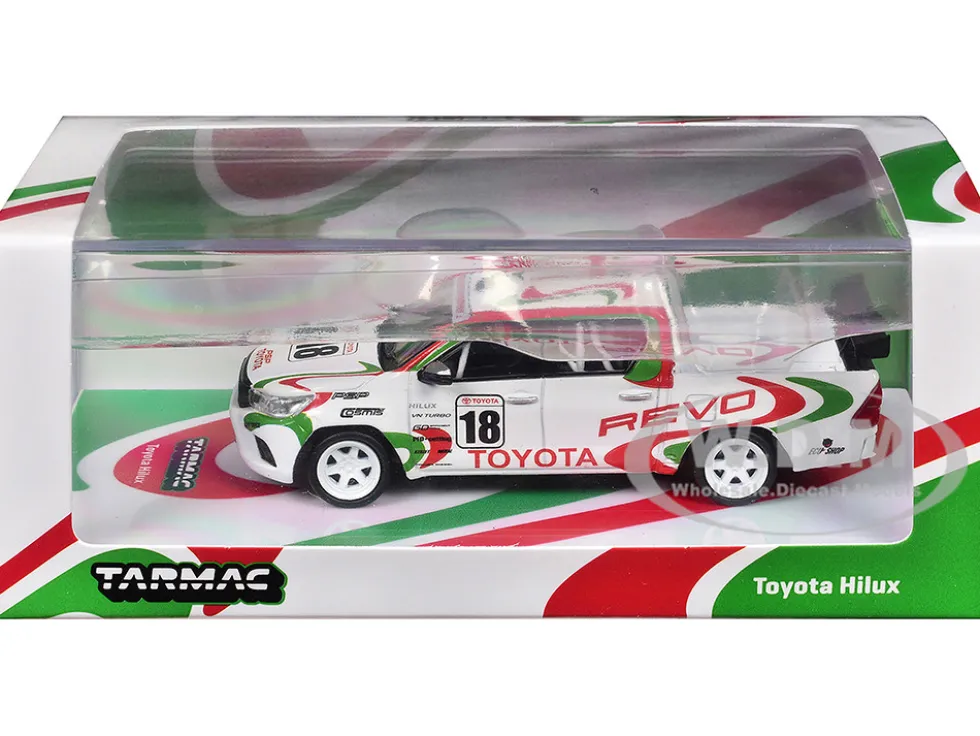 Toyota Hilux Pickup Truck RHD (Right Hand Drive) #18 White with Red and Green Graphics "Hobby64" Series 1/64 Diecast Model Car by Tarmac Works