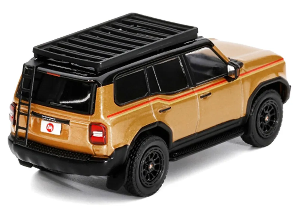 2024 Toyota Land Cruiser Prado Gold Metallic with Red Stripes and Roof Rack 1/64 Diecast Model Car by GCD