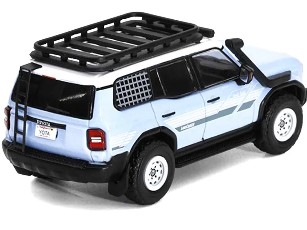 2024 Toyota Land Cruiser Prado Light Blue with White Top and Stripes with Roof Rack and Accessory 1/64 Diecast Model Car by GCD
