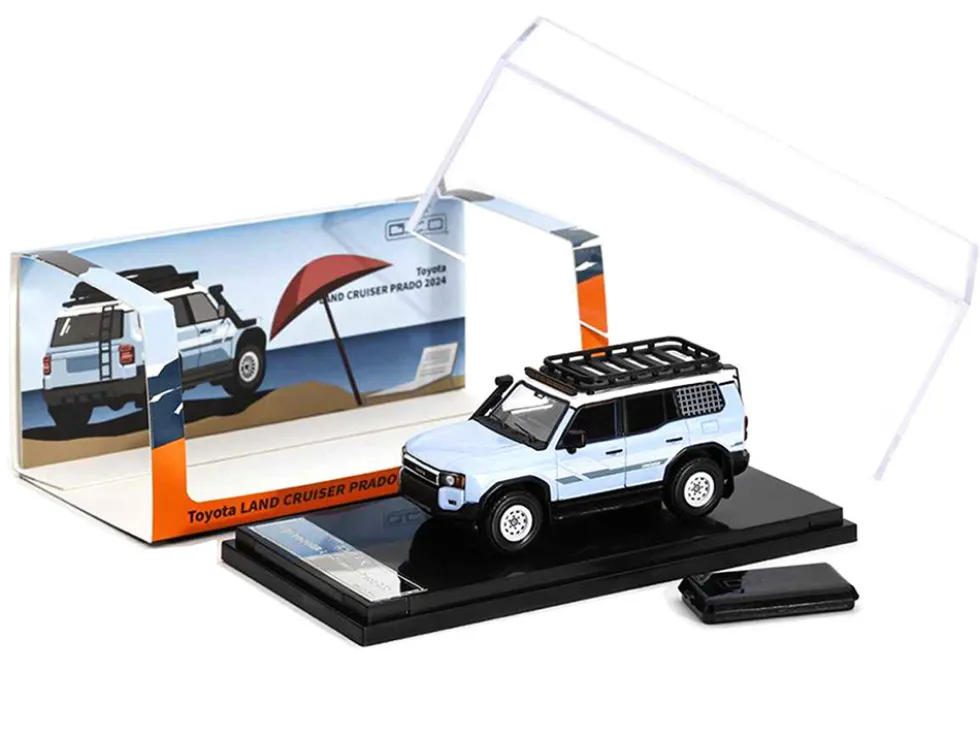 2024 Toyota Land Cruiser Prado Light Blue with White Top and Stripes with Roof Rack and Accessory 1/64 Diecast Model Car by GCD