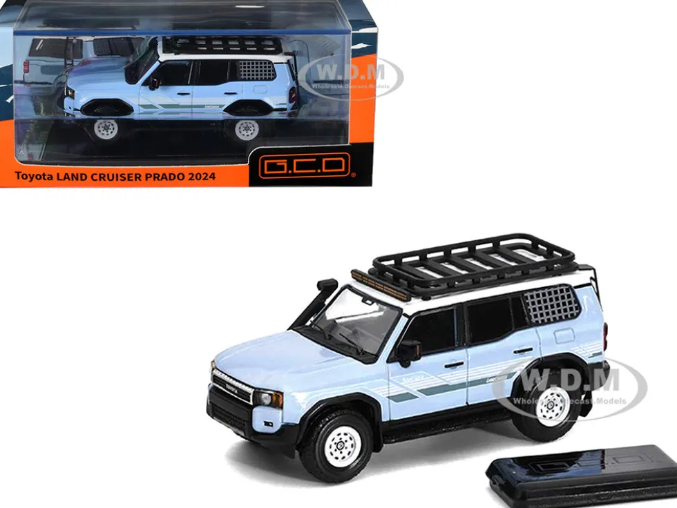 2024 Toyota Land Cruiser Prado Light Blue with White Top and Stripes with Roof Rack and Accessory 1/64 Diecast Model Car by GCD