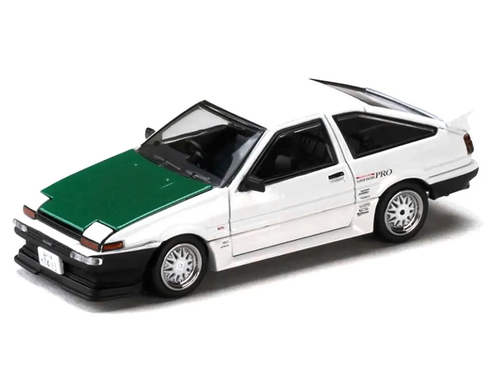 Toyota Sprinter Trueno (AE86) RHD (Right Hand Drive) "Keiichi Tsuchiya - Dori Dori Mesh Wheels" White with Green Carbon Hood 1/64 Diecast Model Car by Hobby Japan