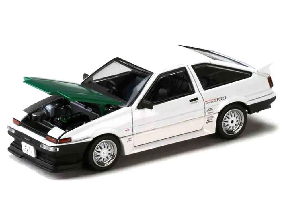 Toyota Sprinter Trueno (AE86) RHD (Right Hand Drive) "Keiichi Tsuchiya - Dori Dori Mesh Wheels" White with Green Carbon Hood 1/64 Diecast Model Car by Hobby Japan