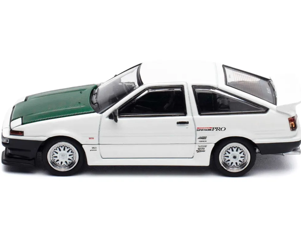 Toyota Sprinter Trueno (AE86) RHD (Right Hand Drive) "Keiichi Tsuchiya - Dori Dori Mesh Wheels" White with Green Carbon Hood 1/64 Diecast Model Car by Hobby Japan