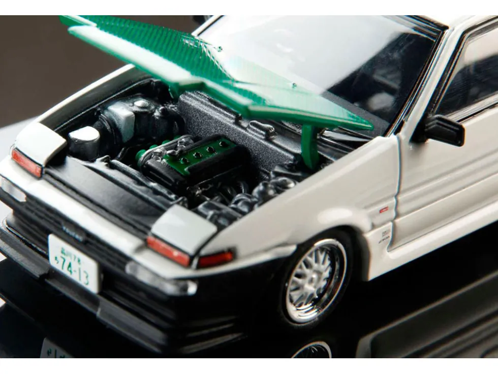 Toyota Sprinter Trueno (AE86) RHD (Right Hand Drive) "Keiichi Tsuchiya - Dori Dori Mesh Wheels" White with Green Carbon Hood 1/64 Diecast Model Car by Hobby Japan