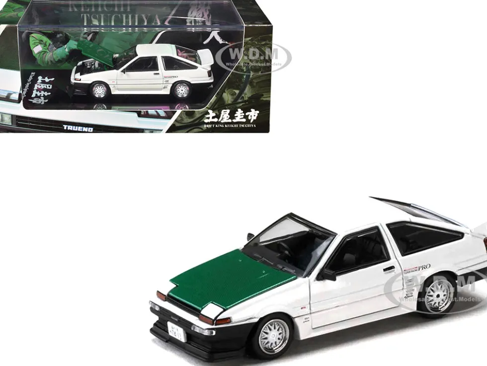 Toyota Sprinter Trueno (AE86) RHD (Right Hand Drive) "Keiichi Tsuchiya - Dori Dori Mesh Wheels" White with Green Carbon Hood 1/64 Diecast Model Car by Hobby Japan