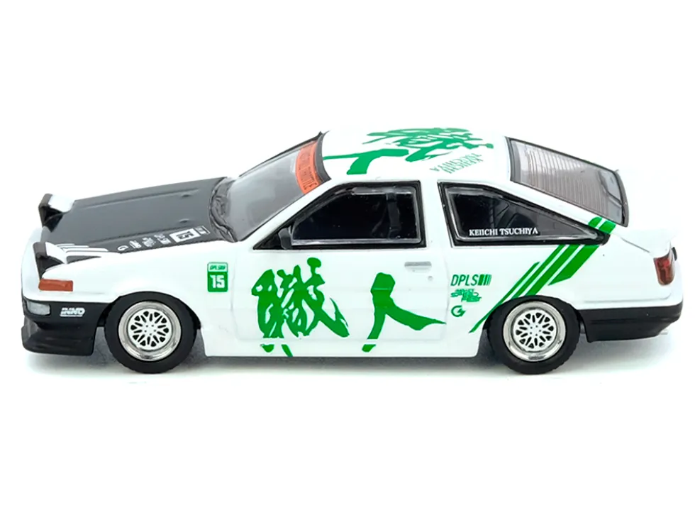 Toyota Sprinter Trueno (AE86) RHD (Right Hand Drive) #15 "Keiichi Tsuchiya" White with Green Graphics 1/64 Diecast Model Car by Inno Models