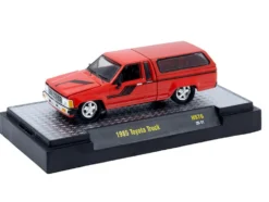 1985 Toyota SR5 Pickup Truck with Camper Shell Red with Black Stripes Limited Edition to 19844 pieces Worldwide 1/64 Diecast Model Car by M2 Machines
