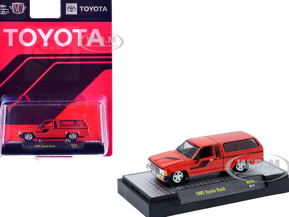 1985 Toyota SR5 Pickup Truck with Camper Shell Red with Black Stripes Limited Edition to 19844 pieces Worldwide 1/64 Diecast Model Car by M2 Machines