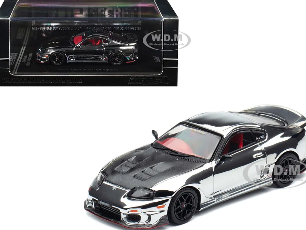 Toyota Supra (A80) "Top Secret" GT300 RHD (Right Hand Drive) Chrome with Carbon Hood and Red Interior "Tokyo Auto Salon 2026 Event Exclusive" 1/64 Diecast Model Car by Inno Models