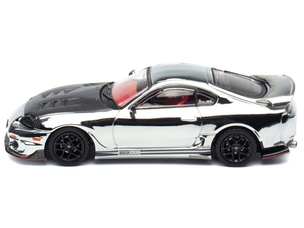 Toyota Supra (A80) "Top Secret" GT300 RHD (Right Hand Drive) Chrome with Carbon Hood and Red Interior "Tokyo Auto Salon 2026 Event Exclusive" 1/64 Diecast Model Car by Inno Models