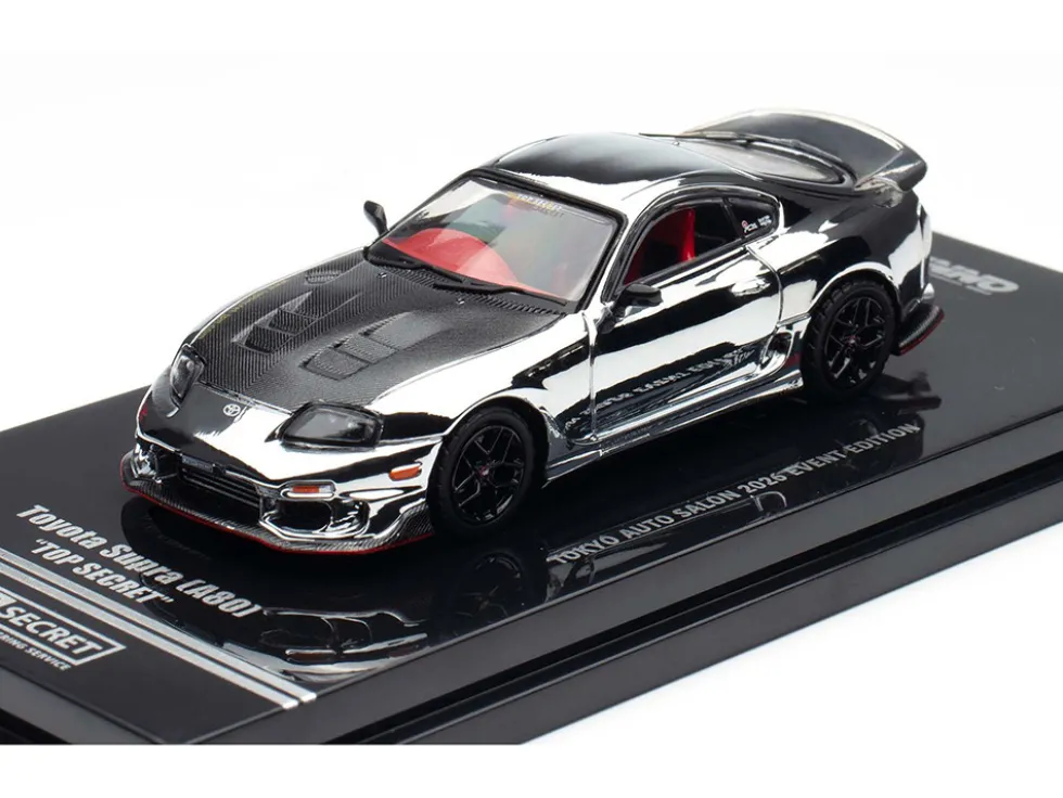 Toyota Supra (A80) "Top Secret" GT300 RHD (Right Hand Drive) Chrome with Carbon Hood and Red Interior "Tokyo Auto Salon 2026 Event Exclusive" 1/64 Diecast Model Car by Inno Models