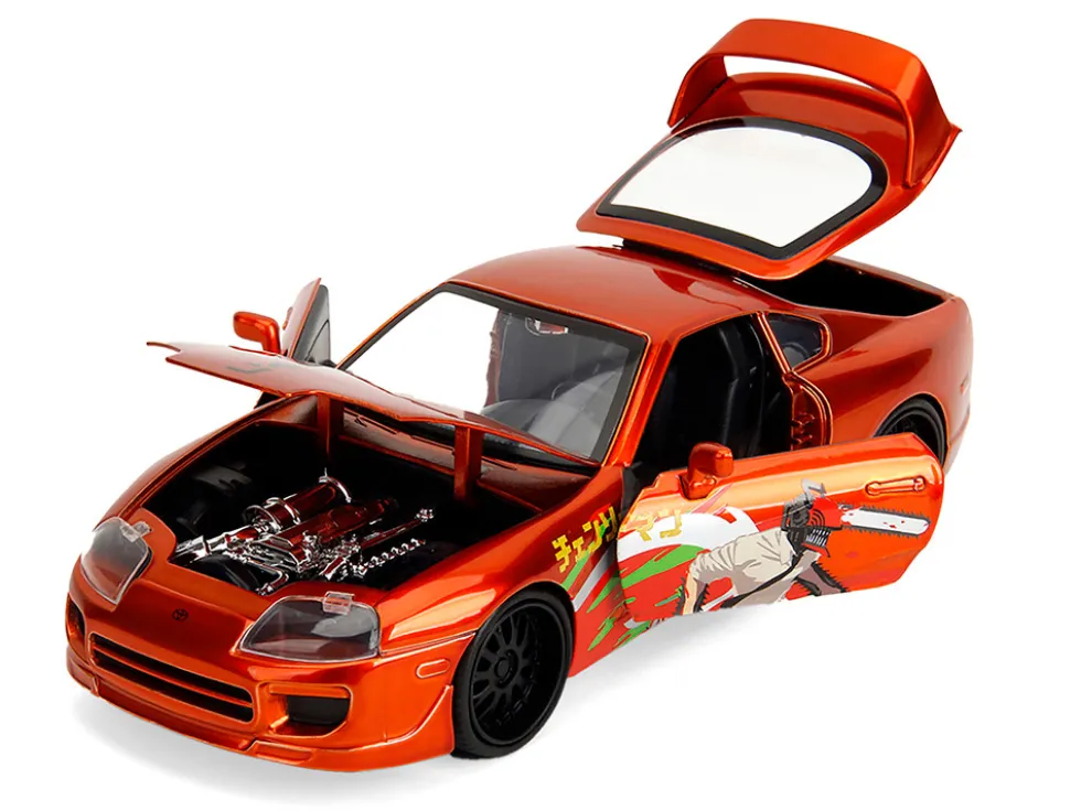 1995 Toyota Supra Orange Metallic with Graphics and Chainsaw Man Diecast Figure "Chainsaw Man" (2022) TV Series "Anime Hollywood Rides" Series 1/24 Diecast Model by Jada