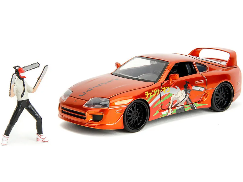 1995 Toyota Supra Orange Metallic with Graphics and Chainsaw Man Diecast Figure "Chainsaw Man" (2022) TV Series "Anime Hollywood Rides" Series 1/24 Diecast Model by Jada