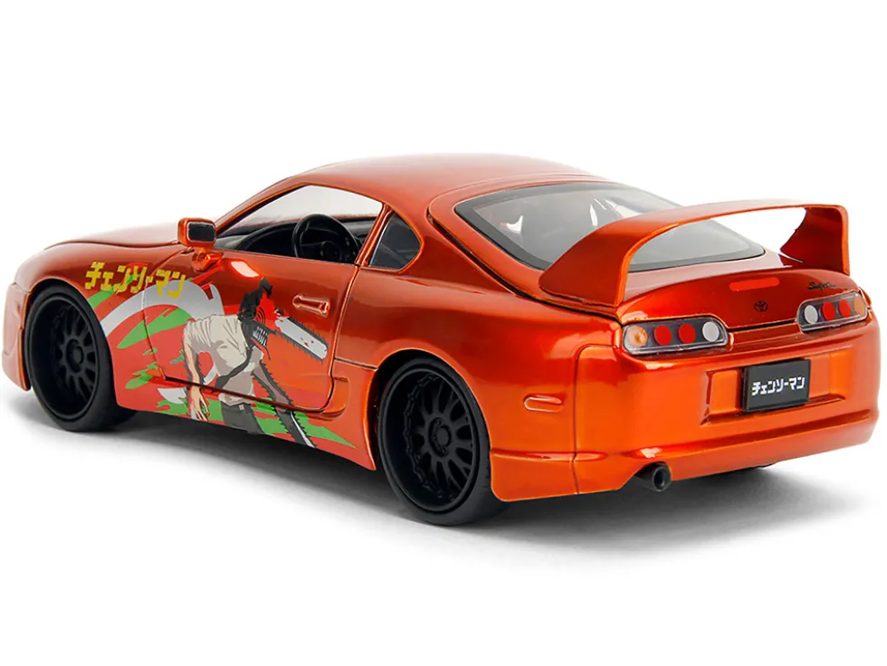 1995 Toyota Supra Orange Metallic with Graphics and Chainsaw Man Diecast Figure "Chainsaw Man" (2022) TV Series "Anime Hollywood Rides" Series 1/24 Diecast Model by Jada