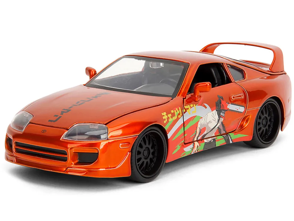 1995 Toyota Supra Orange Metallic with Graphics and Chainsaw Man Diecast Figure "Chainsaw Man" (2022) TV Series "Anime Hollywood Rides" Series 1/24 Diecast Model by Jada