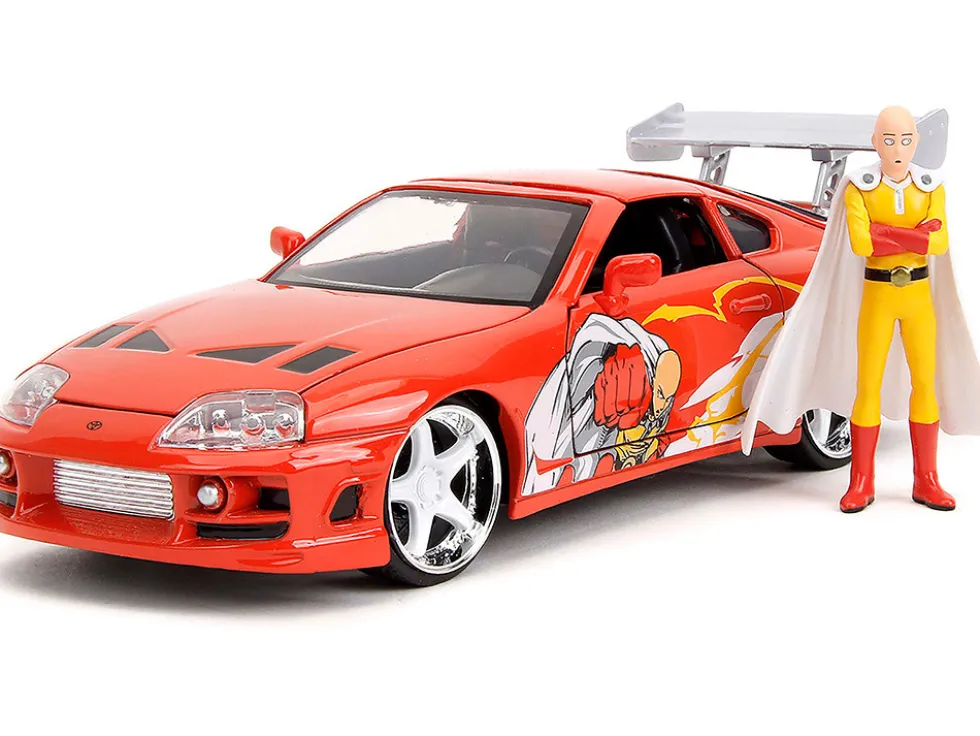 1995 Toyota Supra Red with Graphics and Saitama Diecast Figure "One Punch Man" (2015-2019) TV Series 1/24 Diecast Model by Jada