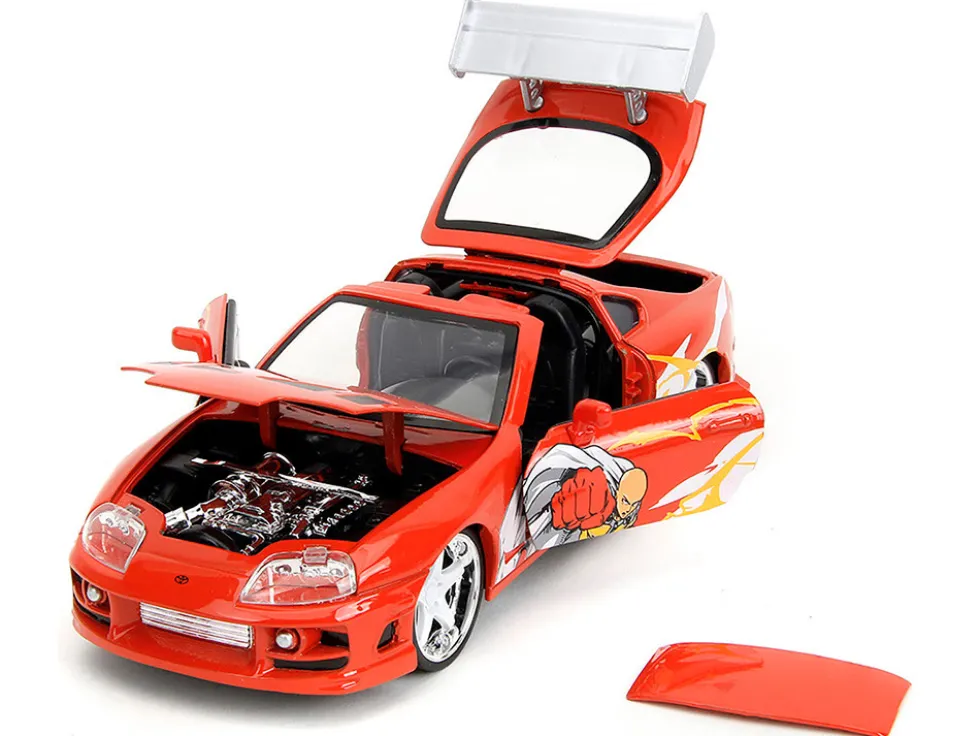 1995 Toyota Supra Red with Graphics and Saitama Diecast Figure "One Punch Man" (2015-2019) TV Series 1/24 Diecast Model by Jada