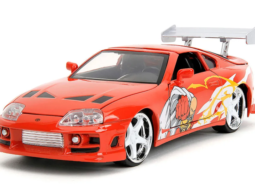 1995 Toyota Supra Red with Graphics and Saitama Diecast Figure "One Punch Man" (2015-2019) TV Series 1/24 Diecast Model by Jada