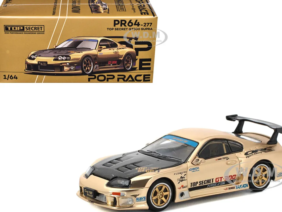 Toyota Supra "Top Secret" GT300 RHD (Right Hand Drive) Gold Metallic with Carbon Hood 1/64 Diecast Model Car by Pop Race