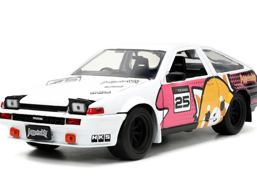 1986 Toyota Trueno AE86 RHD Right Hand Drive #25 White Graphics Aggretsuko Diecast Figure Aggretsuko Anime Hollywood Rides Series 1/24 Diecast Model Car by Jada 33725