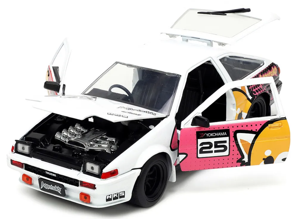 1986 Toyota Trueno AE86 RHD Right Hand Drive #25 White Graphics Aggretsuko Diecast Figure Aggretsuko Anime Hollywood Rides Series 1/24 Diecast Model Car by Jada 33725