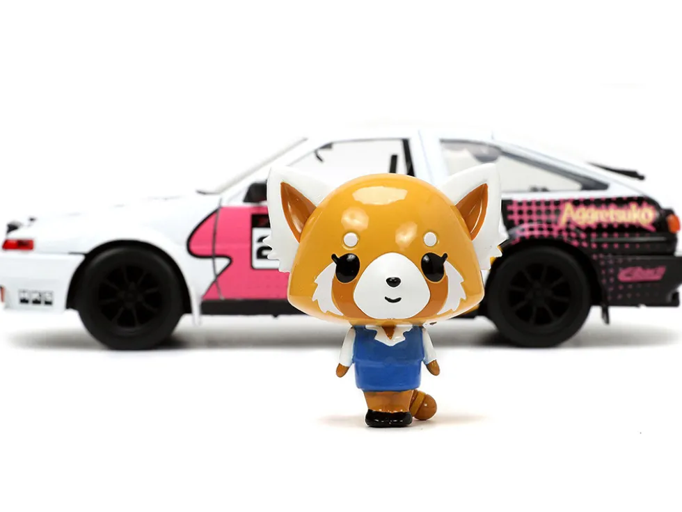 1986 Toyota Trueno AE86 RHD Right Hand Drive #25 White Graphics Aggretsuko Diecast Figure Aggretsuko Anime Hollywood Rides Series 1/24 Diecast Model Car by Jada 33725