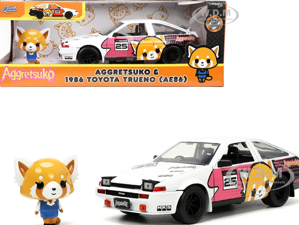 1986 Toyota Trueno AE86 RHD Right Hand Drive #25 White Graphics Aggretsuko Diecast Figure Aggretsuko Anime Hollywood Rides Series 1/24 Diecast Model Car by Jada 33725