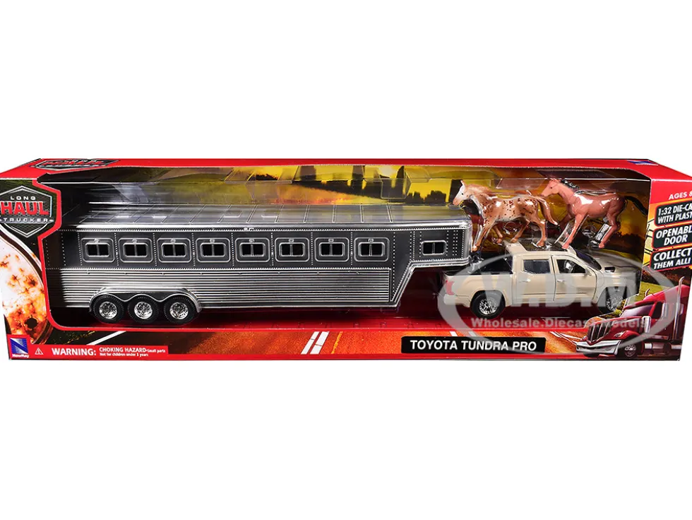 Toyota Tundra Pro Pickup Truck Beige with Horse Trailer Chrome and Horse Figures "Long Haul Truckers" Series 1/32 Diecast Model by New Ray