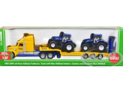 Tractor Truck Yellow with 2 New Holland T7070 Tractors Blue 1/87 HO Diecast Models Siku SK1805