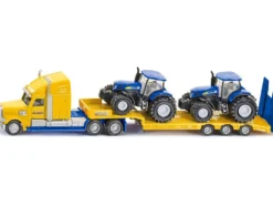 Tractor Truck Yellow with 2 New Holland T7070 Tractors Blue 1/87 HO Diecast Models Siku SK1805